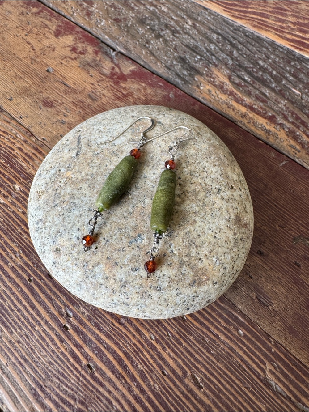Handmade Serpentine Bead Drop Earrings with Garnet Accents